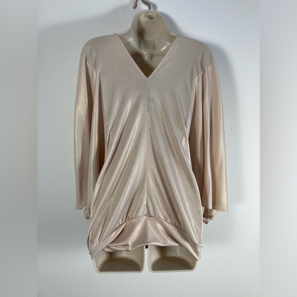 Julian Chang Tunic Top XL Champagne Shimmer Dolman Sleeve Tie Neck - Picture 8 of 10